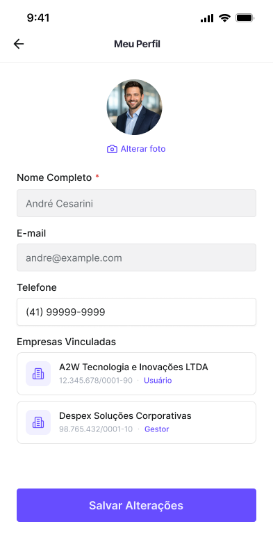 User profile screen in Despex
