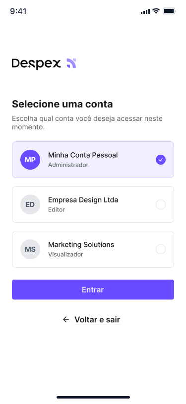 Despex account selection screen