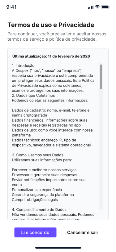 Despex terms of use and privacy screen